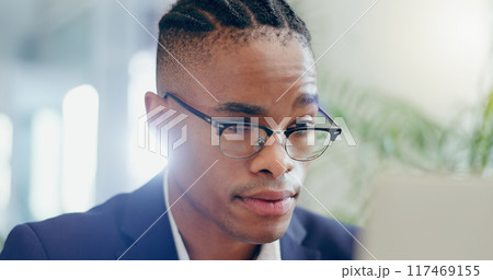 Business, thinking and black man with choice, decision and solution with clear vision, thoughts and planning. African person, agent and consultant with glasses, brainstorming and questions with ideas 117469155