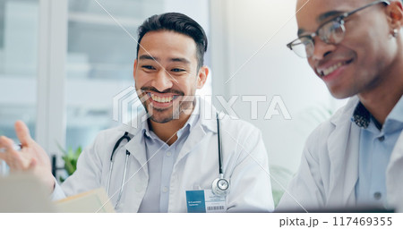 Doctors, discussion and men in hospital with healthcare for meeting, treatment plan or diagnosis. Talking, medicine and medical professionals for conversation, teamwork or collaboration in clinic 117469355