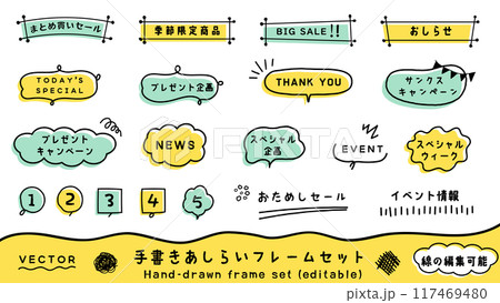 手書きのふきだし、フレーム素材セット　ベクターイラスト　白バック　 117469480