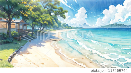 海岸の風景 水彩画 フレーム付き ビーチ風景 フレーム付き A4サイズ - メルカリ
