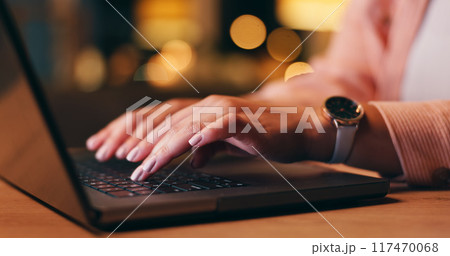 Business, woman and hand with laptop at night for remote work, blog research and editing in home office. Entrepreneur, freelancer and copywriter with technology for typing online project with bokeh Business, woman and hand with laptop at night for remote work, blog research and editing in home office. Entrepreneur, freelancer and copywriter with technology for typing online project with bokeh 117470068