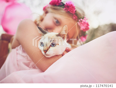 Girl, kid and outdoor with cat for love or furry companion for comfort, friendship and growth or development. Child, princess costume and cute animal in nature with affection, bonding and playing. Girl, kid and outdoor with cat for love or furry companion for comfort, friendship and growth or development. Child, princess costume and cute animal in nature with affection, bonding and playing. 117470141