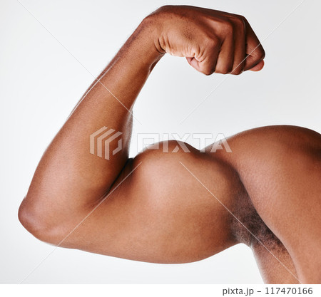 Man, bicep and flexing for fitness in studio, strong arms and muscle development on white background. Person, confident and athlete for power growth or healthy body, bodybuilder and tough or training 117470166