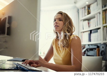 Woman, typing and thinking with pc in home office for remote work with ideas in planning, review and editing. Person, writer and computer for proofreading, click and keyboard for story development Woman, typing and thinking with pc in home office for remote work with ideas in planning, review and editing. Person, writer and computer for proofreading, click and keyboard for story development 117470203