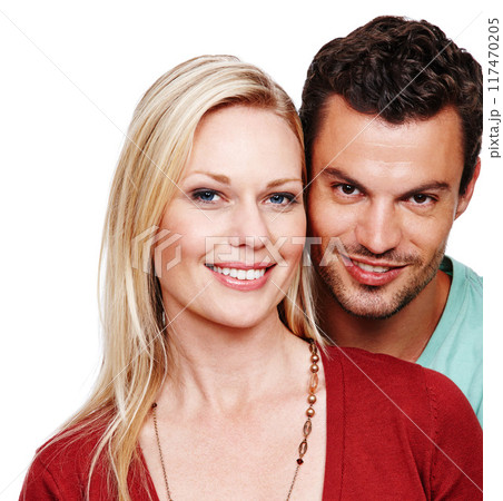 Love, portrait and couple happy in studio white background together with trust for memories, romance and support. Smiling, man and woman with care for date and commitment to relationship or unity Love, portrait and couple happy in studio white background together with trust for memories, romance and support. Smiling, man and woman with care for date and commitment to relationship or unity 117470205