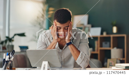 Headache, stress and tired businessman with tablet for internet error, project deadline and frustrated for brain fog. Male person, migraine pain and tech in office for 404 glitch and email mistake Headache, stress and tired businessman with tablet for internet error, project deadline and frustrated for brain fog. Male person, migraine pain and tech in office for 404 glitch and email mistake 117470445