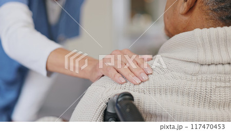 Senior care, support or hand of nurse with person for healthcare service, wellness or empathy. Wheelchair, disability advice and caregiver helping for comfort or patient for medical check or nursing Senior care, support or hand of nurse with person for healthcare service, wellness or empathy. Wheelchair, disability advice and caregiver helping for comfort or patient for medical check or nursing 117470453