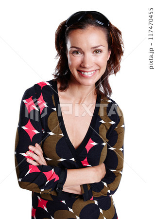 Smile, woman and portrait with arms crossed in studio for happiness, fashion and style. Female person, pride and eyewear by white background for confidence, glamour and accessories and dress Smile, woman and portrait with arms crossed in studio for happiness, fashion and style. Female person, pride and eyewear by white background for confidence, glamour and accessories and dress 117470455
