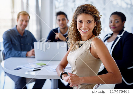 Meeting, proud and portrait of woman, happy and project for teamwork in boardroom, laptop and confident in company. Business, auditor and person with smile in work, professional and face of employee 117470462