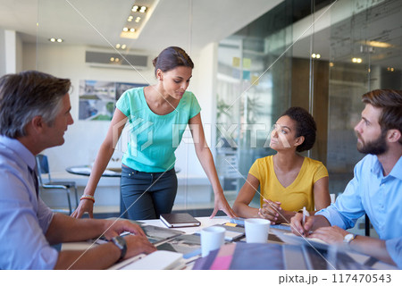 Negotiation, meeting or discussion with business people in office for planning, teamwork and collaboration. Men, women and travel agent as colleagues together for project, review or b2b brainstorm 117470543