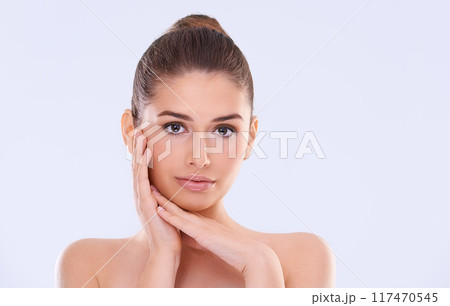 Woman, face and hands for natural beauty, glow and wellness with dermatology for skin on white background. Cosmetics, skincare portrait and mockup space with self care, shine and facial in studio 117470545