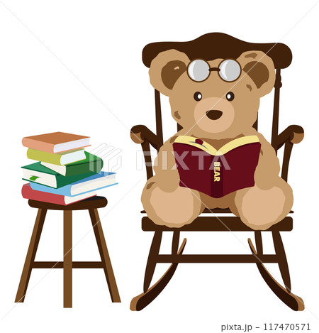 ロッキングチェアに座って本を読むクマのぬいぐるみのイラスト ロッキングチェアに座って本を読むクマのぬいぐるみのイラスト 117470571