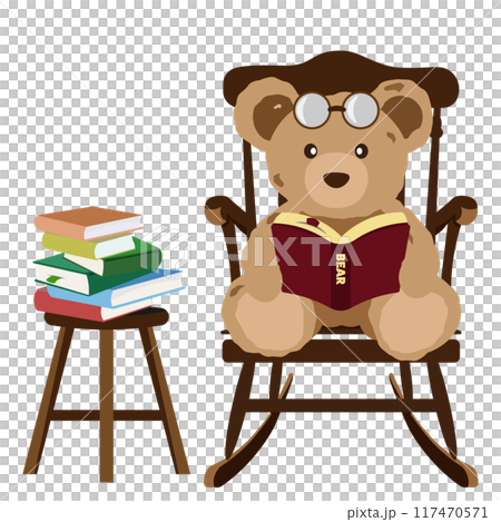 ロッキングチェアに座って本を読むクマのぬいぐるみのイラスト ロッキングチェアに座って本を読むクマのぬいぐるみのイラスト 117470571