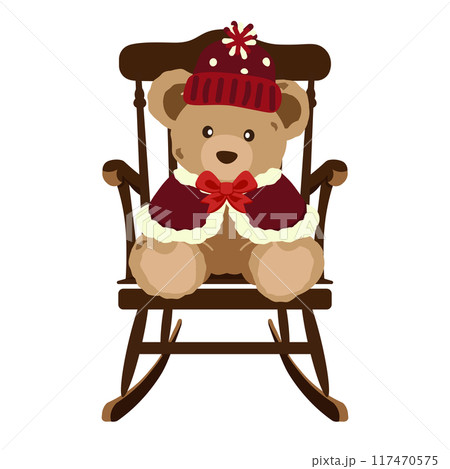 ロッキングチェアに座った冬の衣装のクマのぬいぐるみのイラスト ロッキングチェアに座った冬の衣装のクマのぬいぐるみのイラスト 117470575
