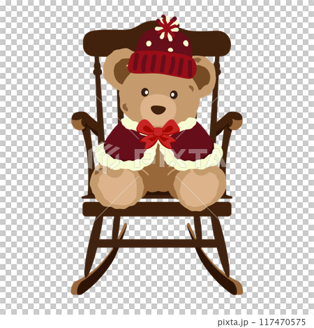 ロッキングチェアに座った冬の衣装のクマのぬいぐるみのイラスト ロッキングチェアに座った冬の衣装のクマのぬいぐるみのイラスト 117470575