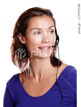 Happy woman, thinking and microphone for communication in call center for telemarketing. Contact, administrator and financial consultant for customer service and networking by white background 117470596