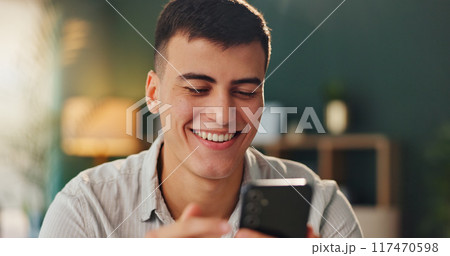 Joke, smile and man with smartphone for online meme with social media, internet gif and reading crazy story in office. Male person, laugh and mobile website for streaming funny video or comedy film 117470598