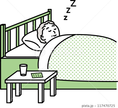 睡眠薬を飲んで眠る高齢者のイラスト 睡眠薬を飲んで眠る高齢者のイラスト 117470725