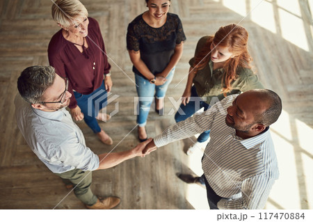 Businesspeople, team and handshake for recruitment with deal in office with greeting. Crm, above and partnership with collaboration meeting or welcome with b2b, onboarding and corporate agreement 117470884
