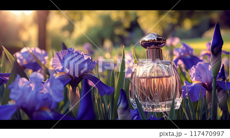 Perfume bottle with beautiful flowers. Floral background. Beauty concept. Flat lay, top view. Perfume bottle with beautiful flowers. Floral background. Beauty concept. Flat lay, top view. 117470997