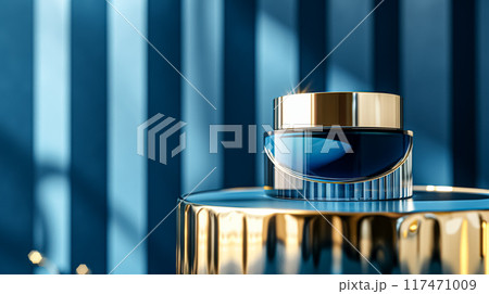 Cosmetic cream in a glass jar on a blue backdrop. Skin care concept. Background for beauty products Cosmetic cream in a glass jar on a blue backdrop. Skin care concept. Background for beauty products 117471009