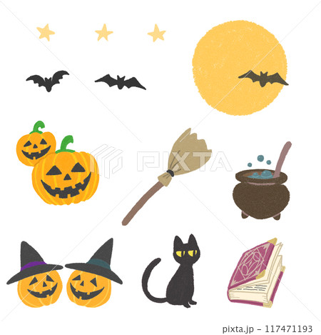 ハロウィンのイラスト素材ミニセット【魔女の小物】 ハロウィンのイラスト素材ミニセット【魔女の小物】 117471193