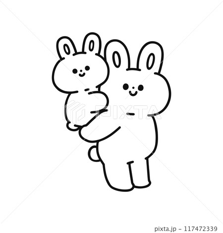 子供をおんぶするウサギ・線画 117472339