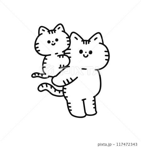 子供をおんぶするネコ・線画 117472343