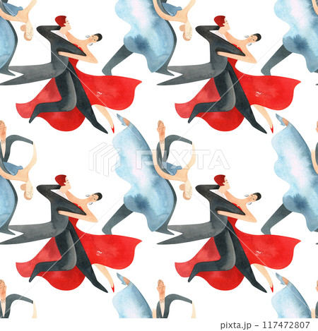 Ballroom dancing, standard. Adult couples on the parquet. Isolated watercolor illustration. Seamless pattern. White background 117472807