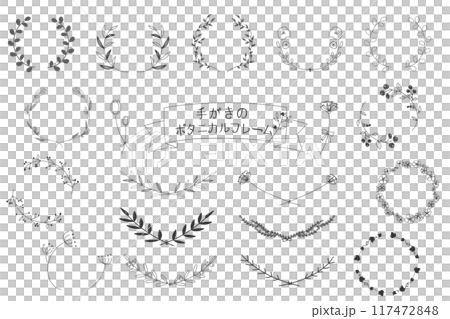 シンプルな手がき線画のボタニカルフレーム・装飾セット シンプルな手がき線画のボタニカルフレーム・装飾セット 117472848