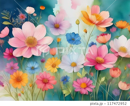 水彩で描かれたたくさんのコスモスの花 117472952