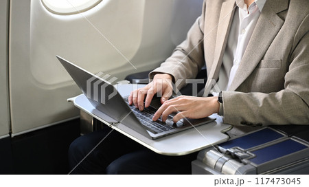 Cropped shot of professional businessman working with laptop in airplane during flight 117473045