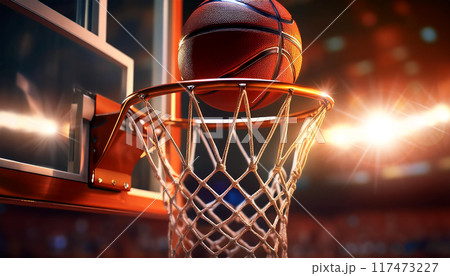 Close-up of a Basketball Ball Scoring Winning Points on Basketball Hoop - Generative Ai 117473227