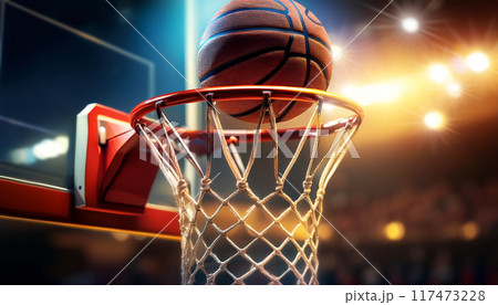 Close-up of a Basketball Ball Scoring Winning Points on Basketball Hoop - Generative Ai 117473228