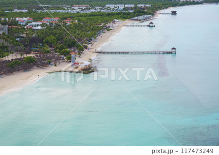 Drone shot of Lighthouse in Bayahibe beach and crystal clear sea 117473249