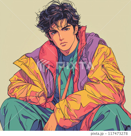 レトロな昭和アニメ風の若い男性イラスト	 117473278