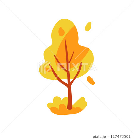 Hand drawn yellow tree with red leaves and grass. Simple design. Flat vector illustration. Icon plant 117473501