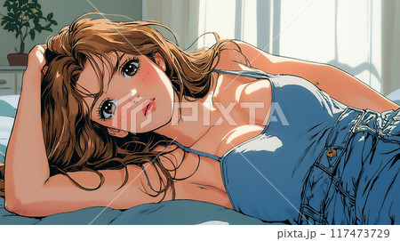レトロなタッチの女性のイラスト、寝そべる	 117473729