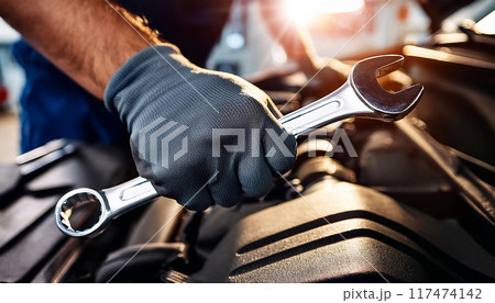 Gloved Hand of Auto Mechanic Holding a Wrench - Generative Ai 117474142