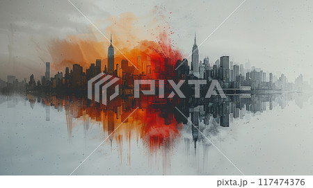 Big City Skyline: Central Color Photo Fading to Pencil Drawing. Generative AI	 Big City Skyline: Central Color Photo Fading to Pencil Drawing. Generative AI	 117474376