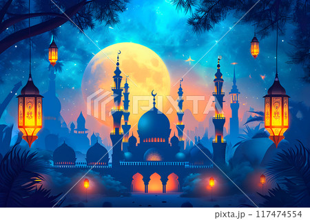 fanous Ramadan lanterns at night with mosque in the background 117474554