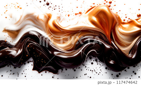 Abstract mixed color of white chocolate and dark melting flow isolated on white background 117474642