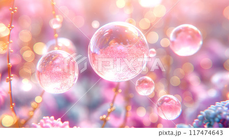 Abstract clear glass crystal ball with bead inside flower pastel pink with bubble and blurred lighting 117474643