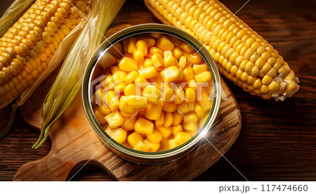 Preserved Sweetcorn in an Open Can and Ripe Corn Cobs - Generative Ai 117474660