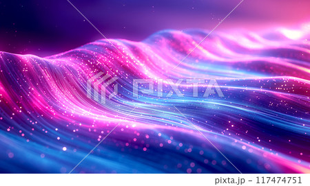 Futuristic Neon color pink and purple wave flow Digital Technology, fiber optic line background with dot, network business, global communication concept 117474751