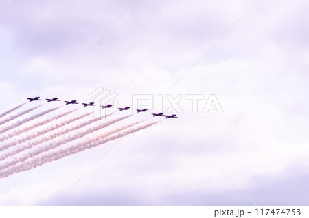 A formation of Nine aircrafts performing display and aerobatics 117474753