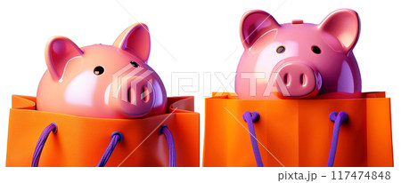 Smiling Piggy Bank Inside a Shopping Bag Isolated on White Background - Generative Ai 117474848
