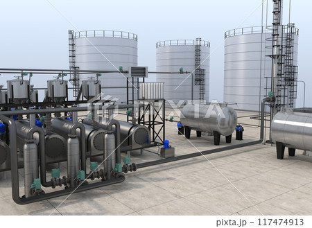 oil refinery, chemical production, waste processing plant, exterior visualization, 3D illustration, cg 117474913