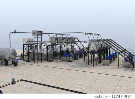 oil refinery, chemical production, waste processing plant, exterior visualization, 3D illustration, cg 117474914