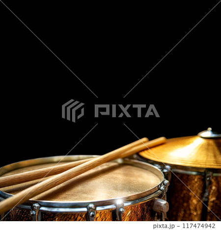 Two Wooden Drumsticks on a Snare Drum and Golden Cymbal - Generative Ai Two Wooden Drumsticks on a Snare Drum and Golden Cymbal - Generative Ai 117474942